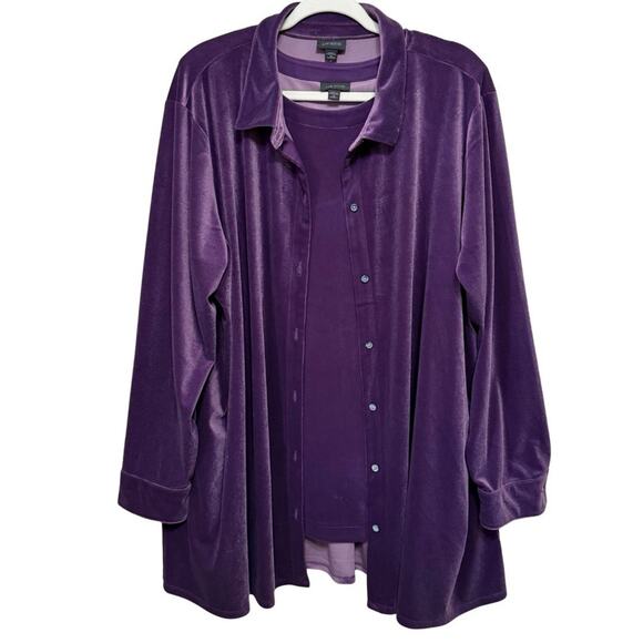 J. Jill Wearever 2 Piece Top Set Size 3X Purple Stretch Velour Button Up + Shell - Picture 1 of 10
